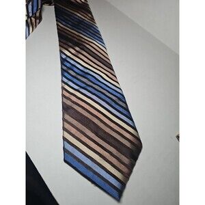 Men's Perry Ellis Portfolio Brown Blue Black Striped Silk Tie